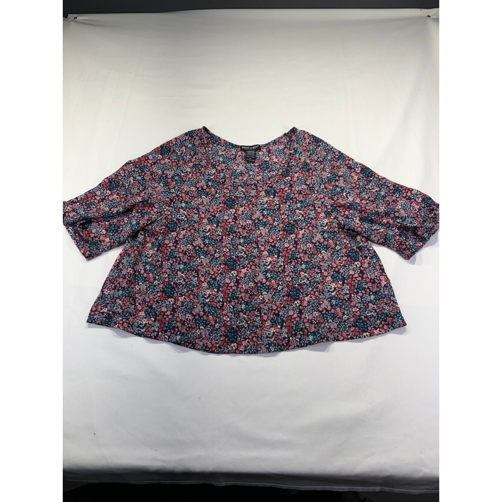 Floral Blouse Navy Red Short Sleeve Boxy Top Medium Y2k Polyester